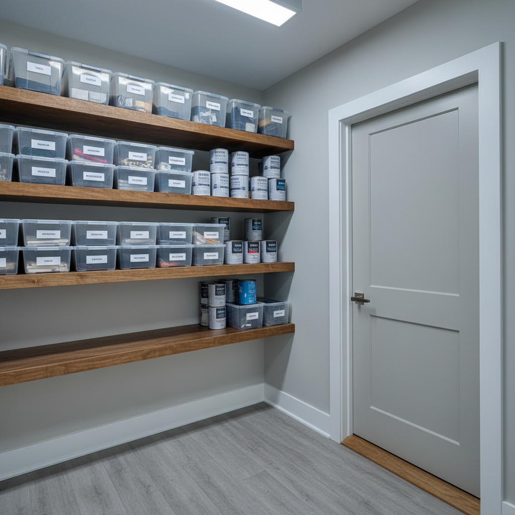 A well-organized utility room showcasing a precisely installed set of solid wood shelves, each with a smooth, satin finish and clean, square edges. On the shelves sit labeled storage bins and neatly stacked paint cans, all perfectly aligned. Adjacent, a recently replaced interior door with sharp, even gaps, a level threshold, and a securely mounted brushed-nickel handle demonstrates expert carpentry. The floor is protected by new, snugly fitted baseboards with crisp caulk lines. Cool, even overhead LED lighting casts minimal shadows, highlighting every detail without harsh glare. Photographic realism, eye-level composition with sharp focus across the entire frame, conveying a mood of order, reliability, and high-quality handyman workmanship for everyday home organization and improvement tasks.