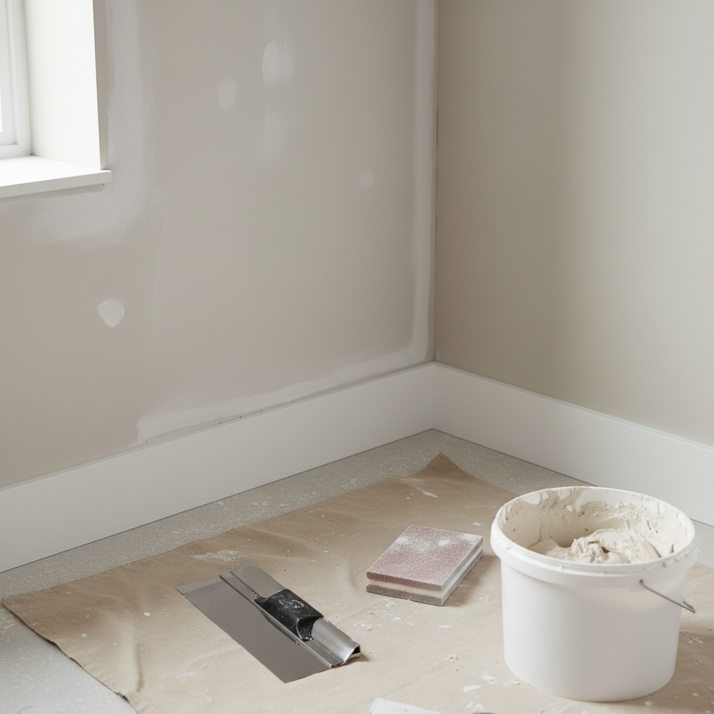 A detailed close-up of a partially completed interior drywall repair: a smooth, freshly mudded patch seamlessly blending into surrounding wallboard, with clean tape lines and fine sanding marks just visible under soft lighting. Nearby, a neatly arranged metal taping knife with a polished blade, a sanding block, and a small bucket of joint compound rest on a protective canvas drop cloth. The setting is a modern living room corner with neutral painted walls and white baseboards, all untouched and spotless. Gentle, diffused natural light from a nearby window illuminates the scene, emphasizing the flawless surface and craftsmanship. Photographic realism, shot from a slightly elevated angle with a tight, focused composition that conveys precision, care, and professional-quality home repair results.