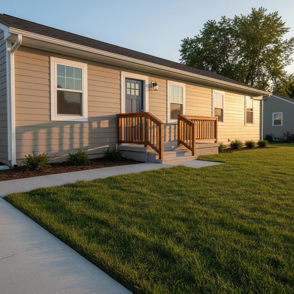 A pristine, newly repaired suburban home exterior featuring crisp white trim, a fresh, smooth coat of taupe paint, and perfectly aligned gutters free of debris. The front porch shows a sturdy, refinished wooden railing with visible grain and a flawless satin finish, beside a neatly restored front door with polished hardware. The home sits on a well-kept lawn with trimmed edges along a clean concrete walkway. Captured during golden hour with warm, low-angle sunlight casting soft, elongated shadows and highlighting the textures of siding, wood, and metal. Photographic realism, wide-angle composition from slightly below eye level to emphasize structural integrity and curb appeal. The atmosphere feels welcoming, reliable, and professionally cared for, ideal for showcasing comprehensive handyman and construction craftsmanship.