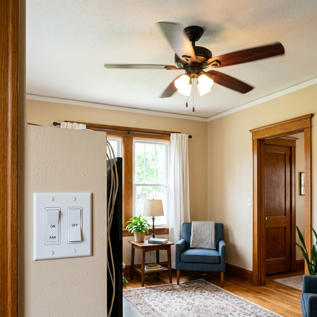 Ceiling fan blades spinning with wall switch controls labeled ON FAN and OFF