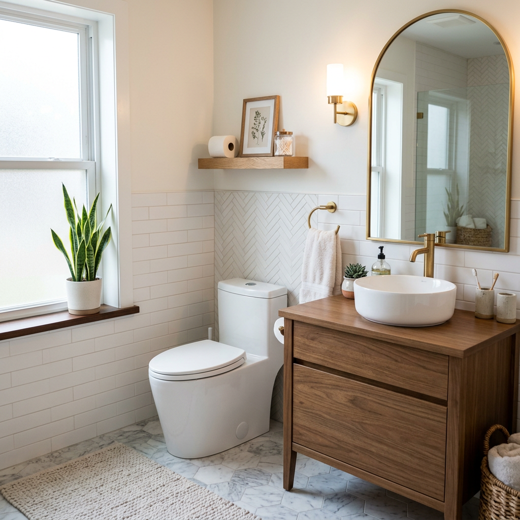 Bathroom with white toilet, wooden vanity with round sink, gold faucet and mirror, potted plants, and white tiled walls
