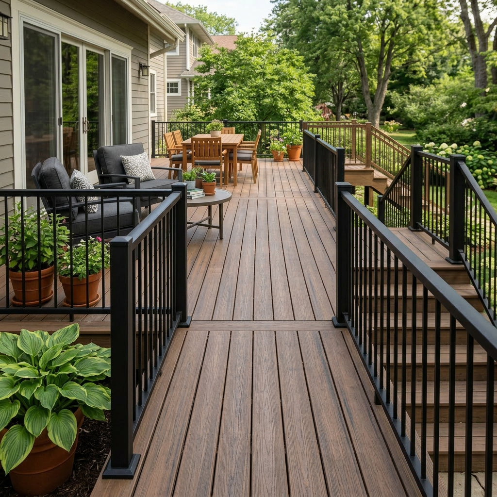 Wooden deck with black metal railings, lounge chairs with cushions, dining table with chairs, and potted plants